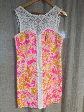 Lilly Pulitzer Pink and Yellow Lace Yoke Shift Dress
